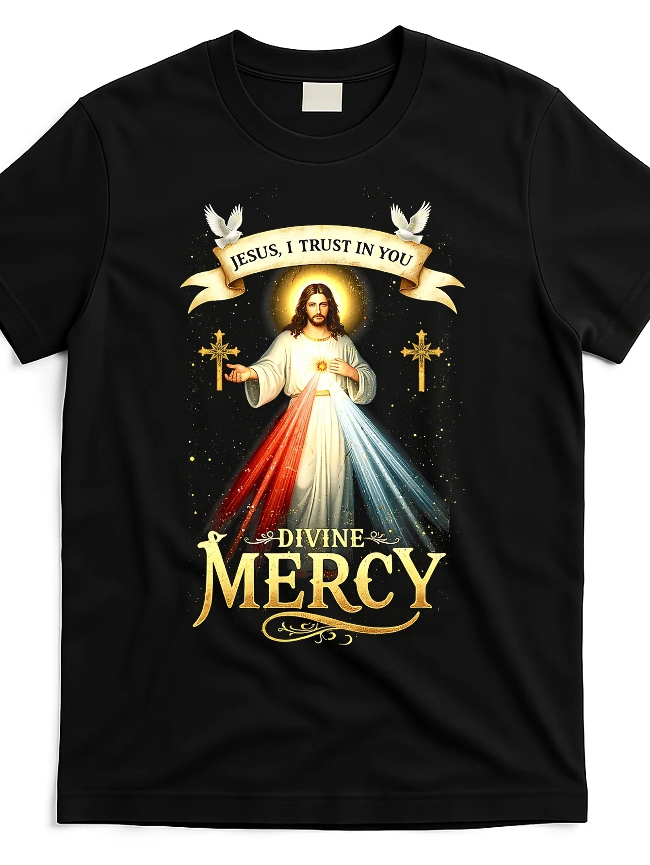 I Trust in You Divine Mercy Catholic Christian Jesus T-Shirt 100% Cotton O-Neck Short Sleeve Summer Casual Mens T-shirt