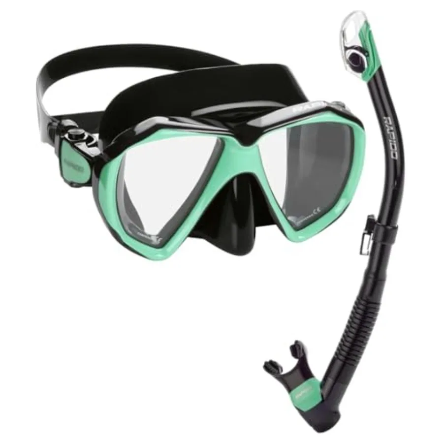 

Snorkeling mask and snorkel combo for water sports, dual-lens polycarbonate, black/mint color, anti-fog and wide field of view