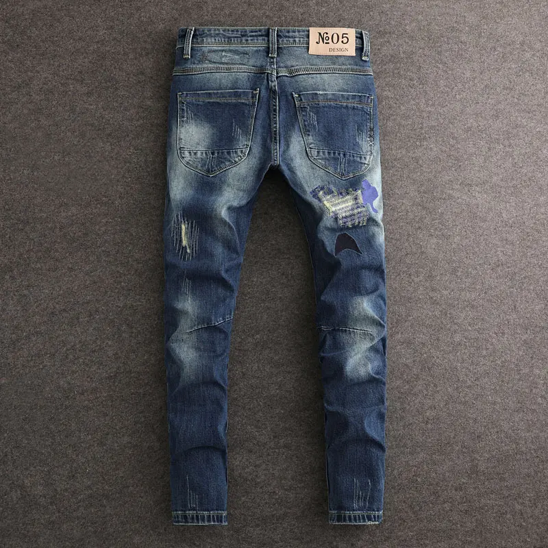 Fashionable new men's jeans, painted elastic slim fit, nostalgic retro washed blue jeans, designer Italian style pants Y2K