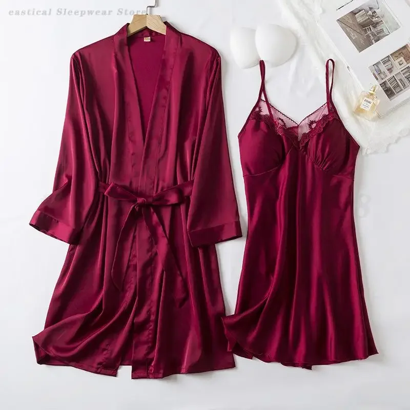Pink Robe Nightgown Set Bride Wedding Sleepwear Sexy Kimono Bathrobe Gown Lace Chemise Nightdress Lingerie Rayon Homewear 2