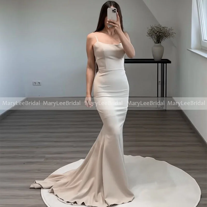 Paski Spaghetti Champagne Mermaid suknie wieczorowe dla kobiet 2023 prosty długi Maxi suknie wieczorowe formalne Party vestidos de noche