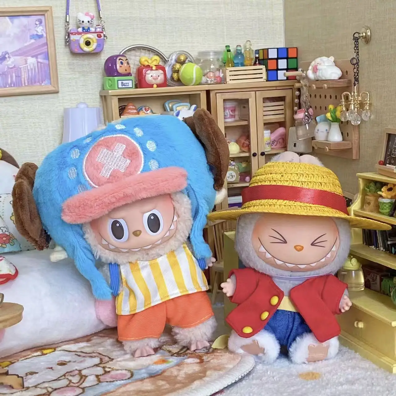 

Labubu Doll Clothes Cartoon Chopper Hat Backpack Luffy Straw 4-piece Set Mini Plush Doll Clothing Fashion Doll Accessories