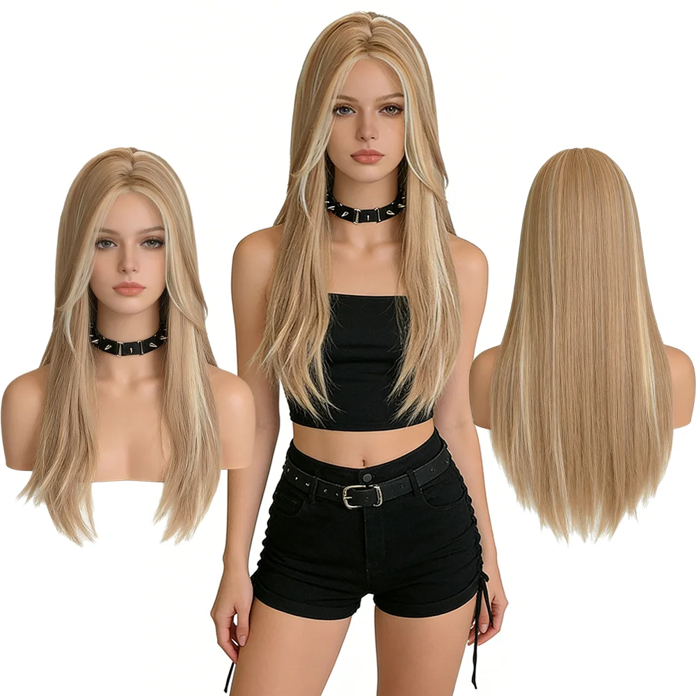 

Mini Lace Front Wig 24" Golden Brown Highlight Long Straight Heat Friendly Synthetic Hair For Women Daily Wear Party Cosplay
