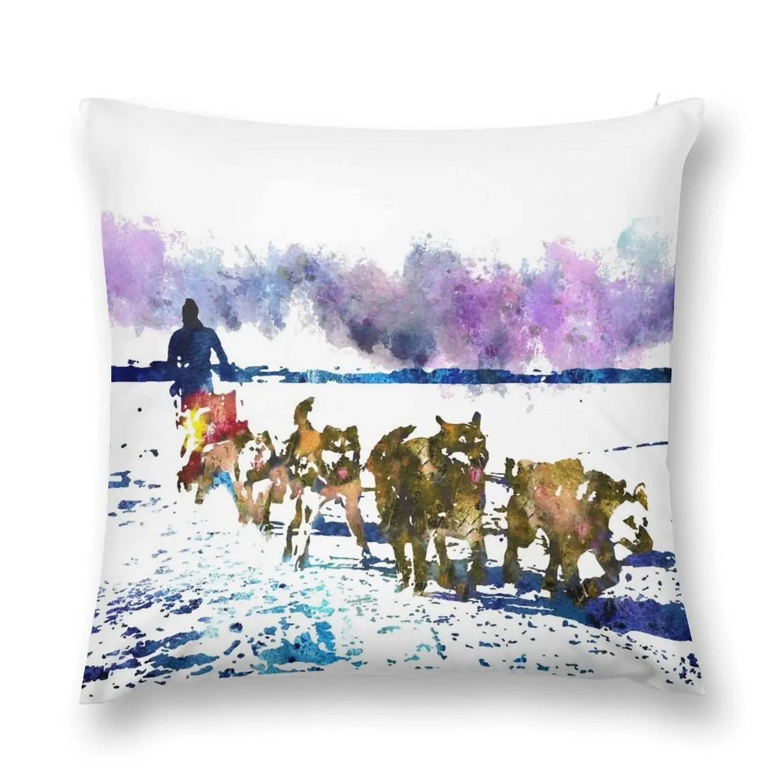 A sled dog team, Alaska, watercolor Alaska, watercolor sled dog team, Alaskan malamute Throw Pillow