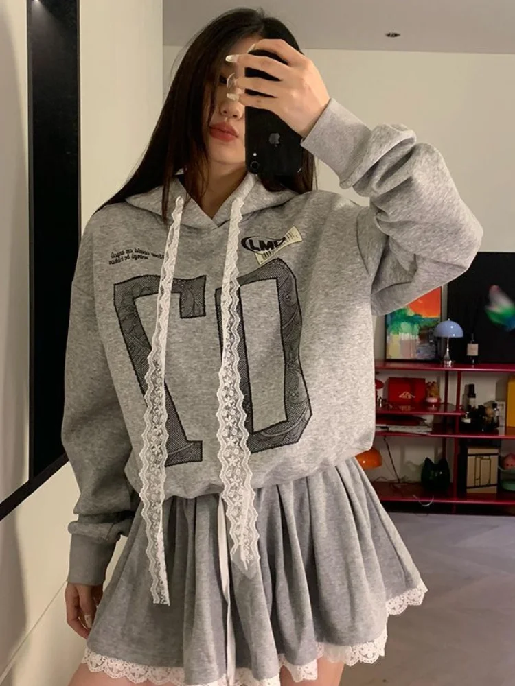 

ADAgirl Grey Oversized Hoodie with Lace Sporty Chic Hip Hop Long Sleeve Sweatshirt Letter Print Pullovers Autumn Kpop Clothes