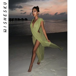 Sexy Cross V Neck Casual Mesh See Through Maxi Dress Women Sleeveless Slit Cover Up 2024 Summer Beach Fairy Grunge Clothes