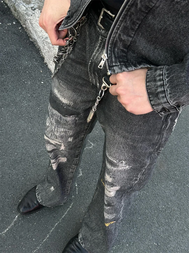 

American High Street Loose Straight Leg Jeans Men's Vintage 3D Digital Direct Spray Trendy Pants Tear Hole Detail Casual Wear