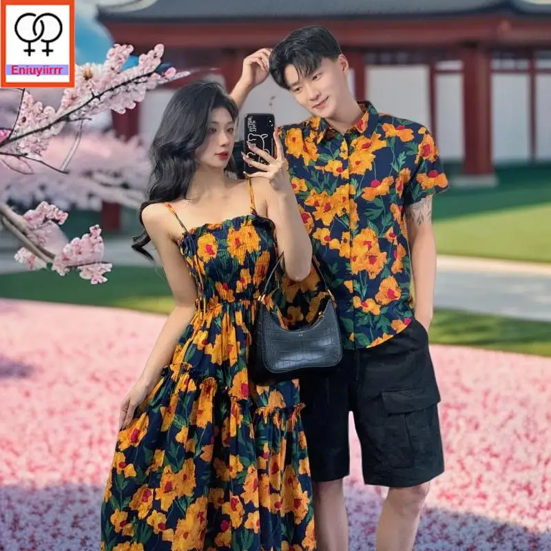 Matching Couple Hoodies Dress Lovers Clothes 2024 Summer Honeymoon Date Holiday Sexy Floral Print Sleeveless Dresses