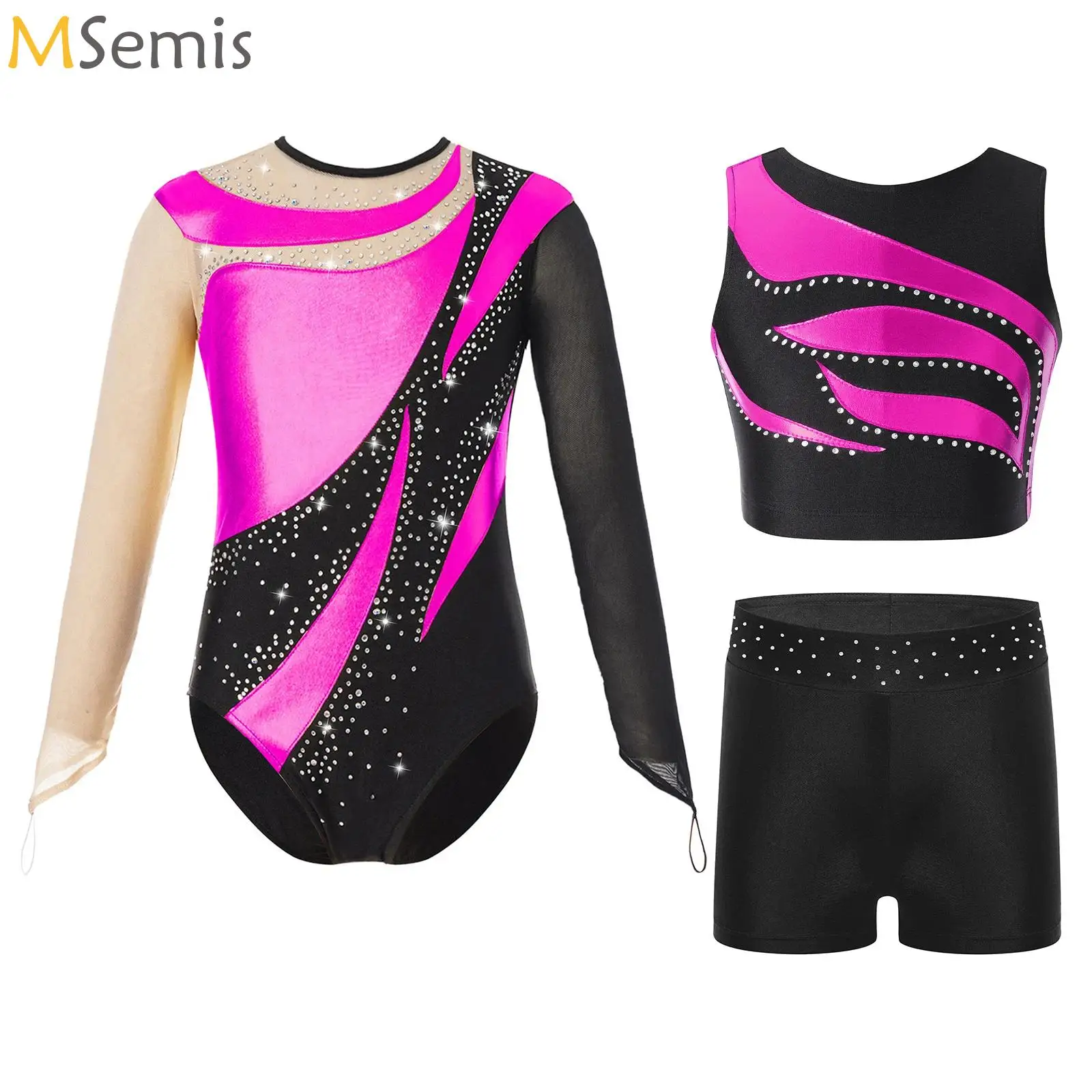 

Girls Long Sleeve Gymnastics Jersey Ballet Dance Leotard Outfits Workout Bodysuit with Vest and Shorts 3pcs Set Performance Wear