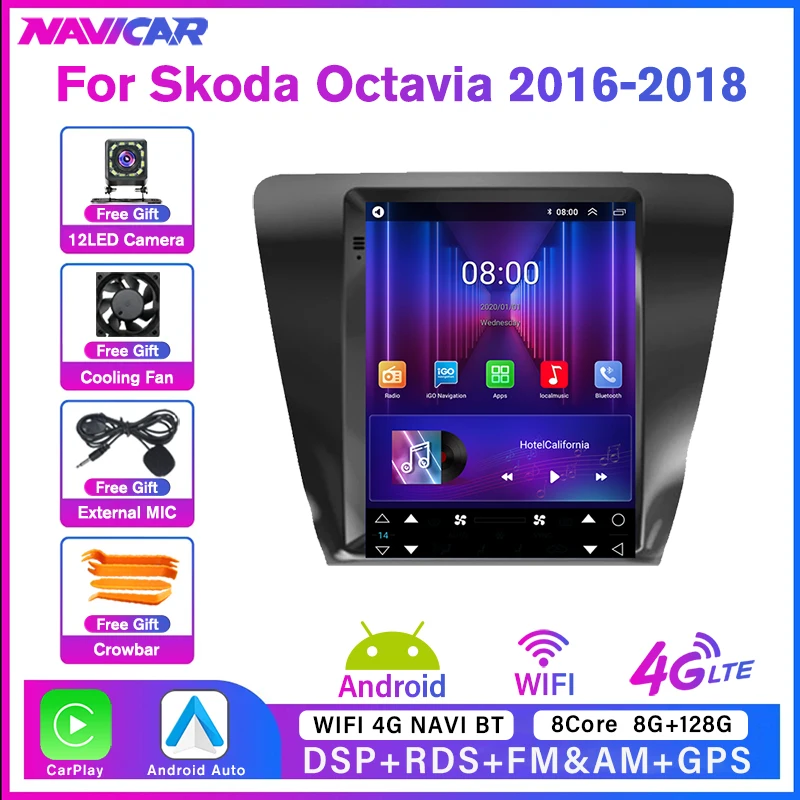 NAVICAR Android 10 Car Radio Multimedia Video Player For Skoda Octavia 2016-2018 For Tesla Style Screen GPS Navigation 8G+128G