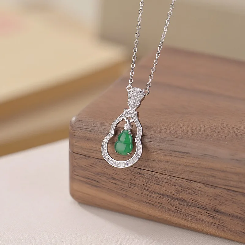 

TIMESWIND Natural Jade Green Gourd S925 Full Zircon Hollow Pendant Women Necklace with Certificate
