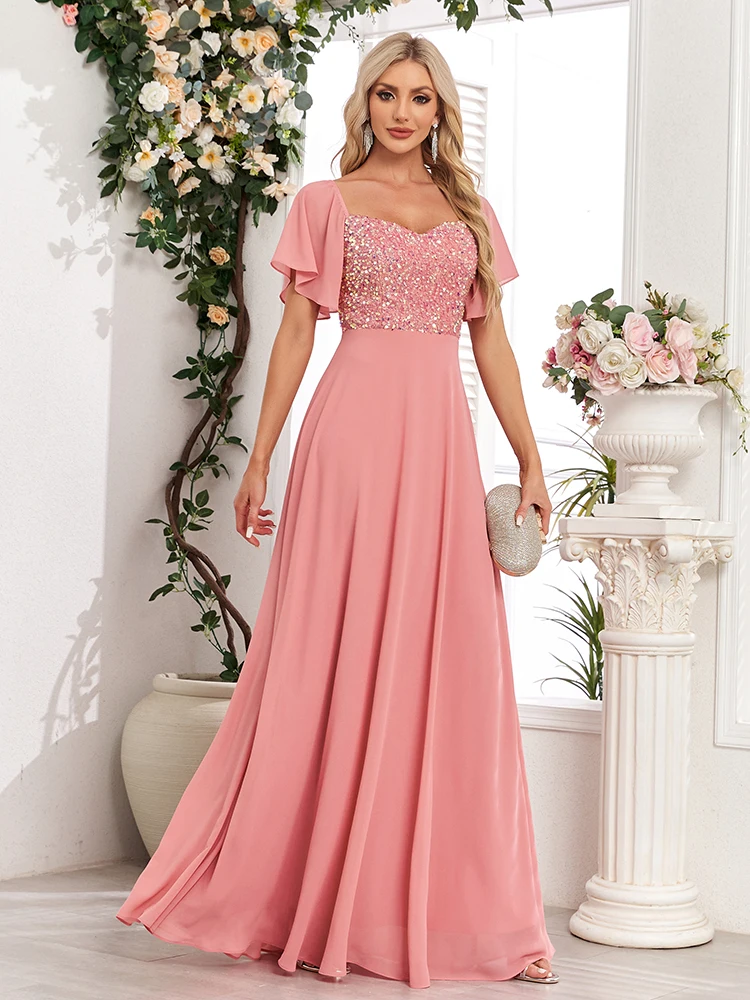 Women Square Neck Short Sleeve Coral Pink Formal Evening Dress A-line Sequin Chiffon Birthday Party Long Dress New