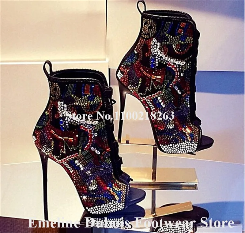 Mixed-colors Rhinestones Short Boots Emeline Dubois Peep Toe Lace-up Patchwork Crystals Ankle Booties Bling Bling Dress Shoes