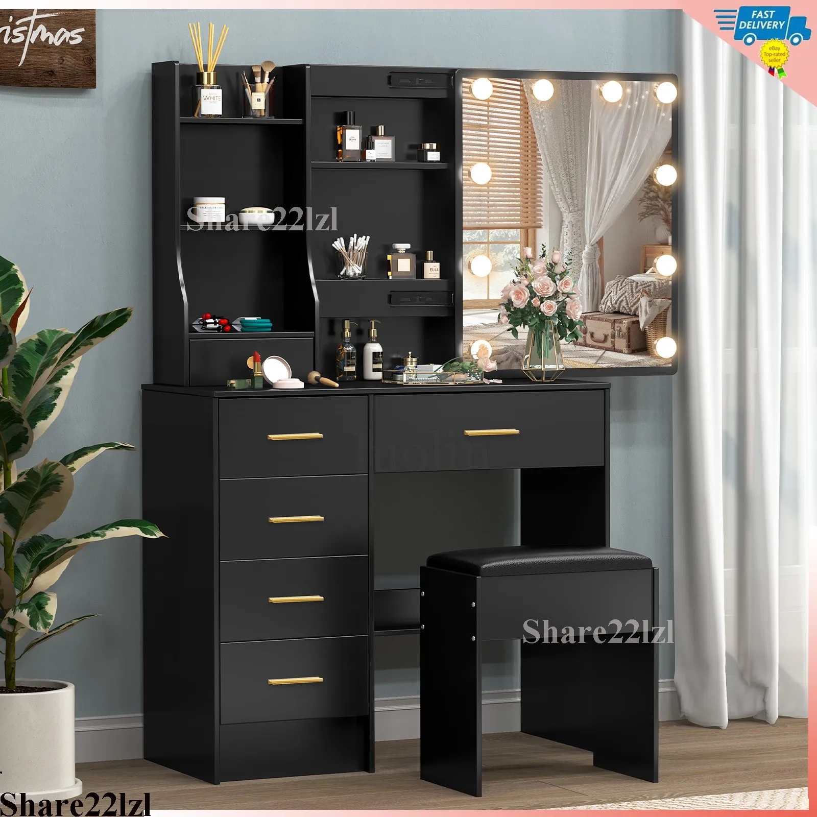 10 LED Lighted Sliding Mirror Vanity Table Set Makeup Dressing Desk 6 Drawers