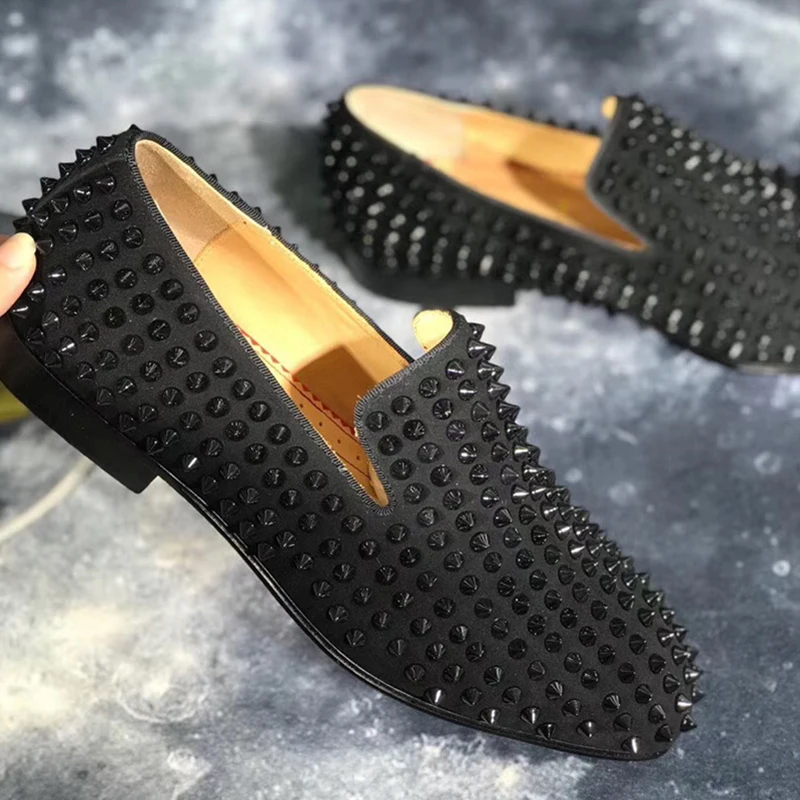 DYNJASONCGK Handmade Men Shoes Black Color 3 Styles Genuine Leather Men\'s Slip-On Loafers High quality Red Sole Rivet Decoration