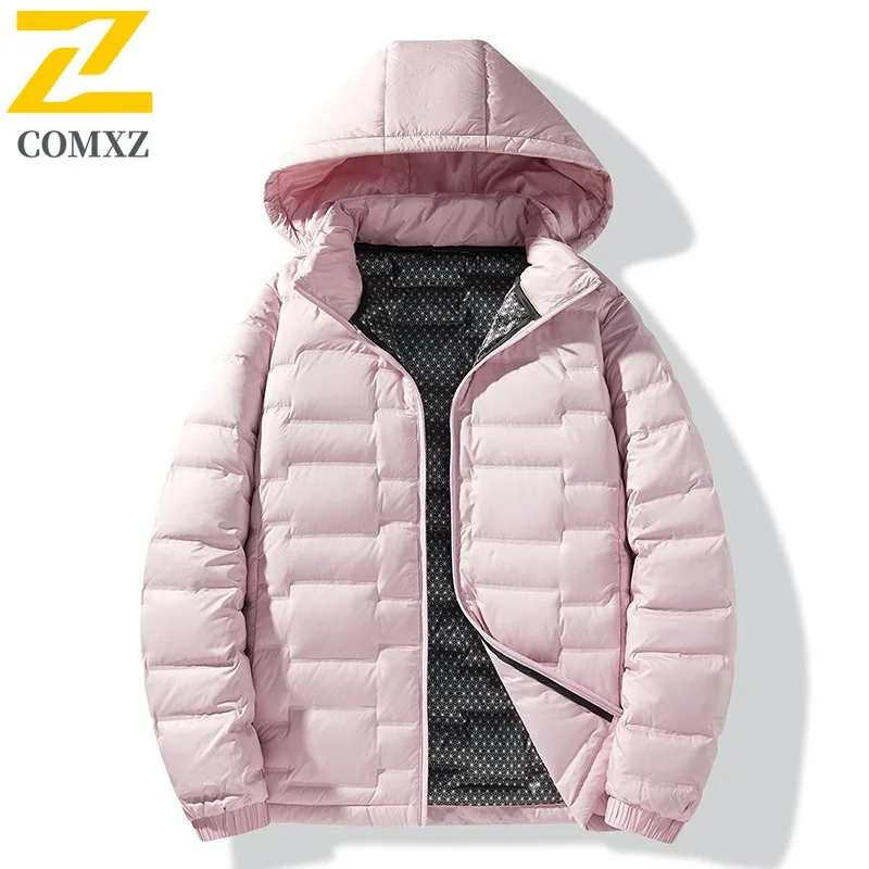 COMXZ Men Travel Down Jacket High End Outdoor Design Thickened Warmth Parka Premium Hooded Ultra Light Winter Padded Jacket