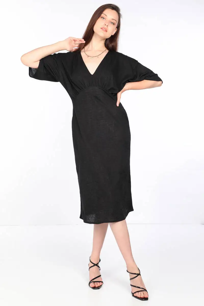 Women Black V Neck Midi Length Dress