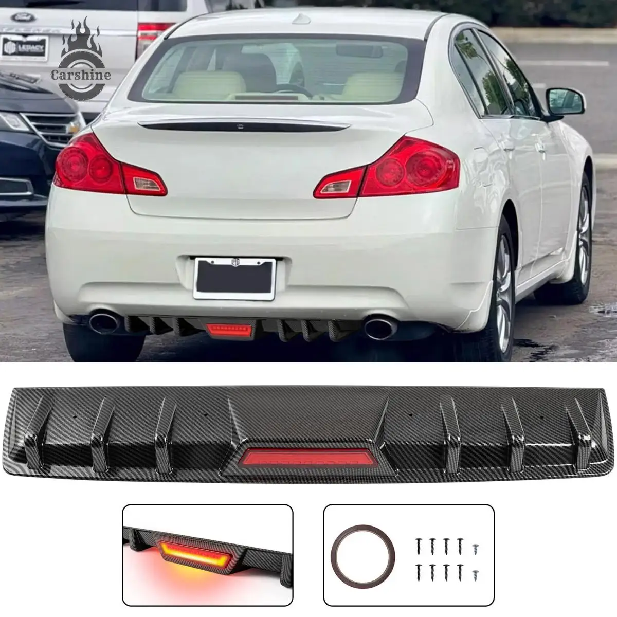For Infiniti G35 G37 Sedan Carbon Fiber Rear Bumper Diffuser w/ LED Brake light