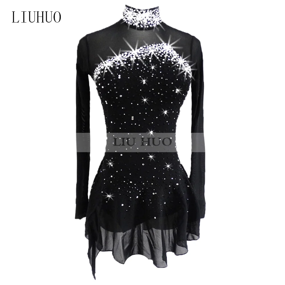 LIUHUO Women Girls Costume Performance Rhythmic Gymnastics Ballet Competition Leotard Ice Figure Skating Dress Dance Black Teens