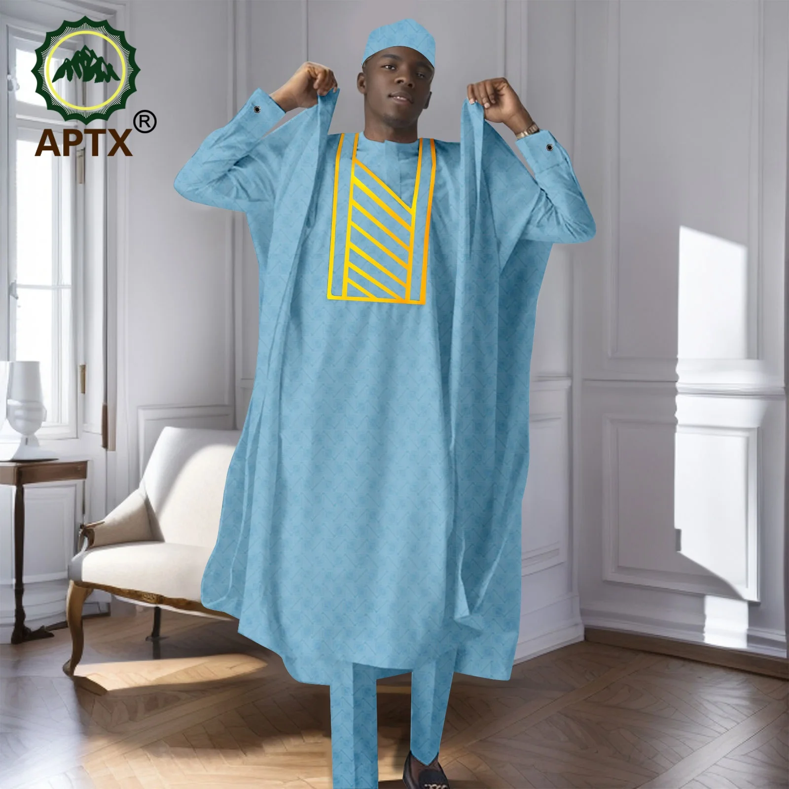 African Men's Traditional  Robe Long Sleeve Clothes Elegant Luxury Men's Outfits  Bazin Riche Embroidery Dress 2416125