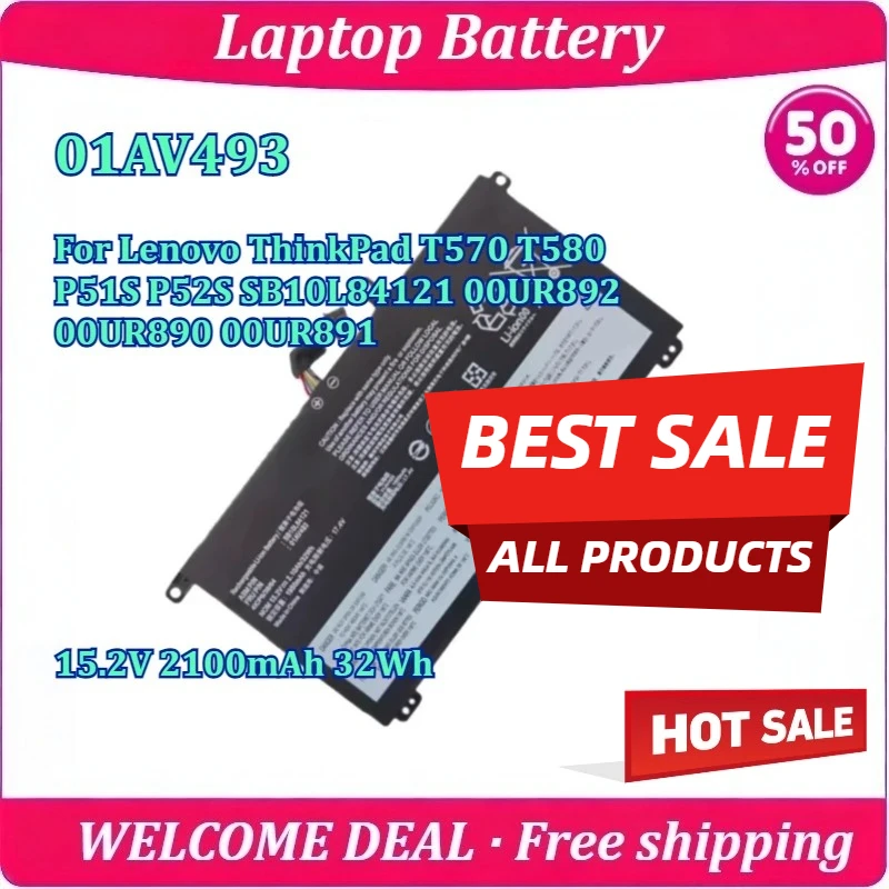 

New 01AV493 Laptop Battery For Lenovo ThinkPad T570 T580 P51S P52S SB10L84121 00UR892 00UR890 00UR891 15.2V 2100mAh 32Wh