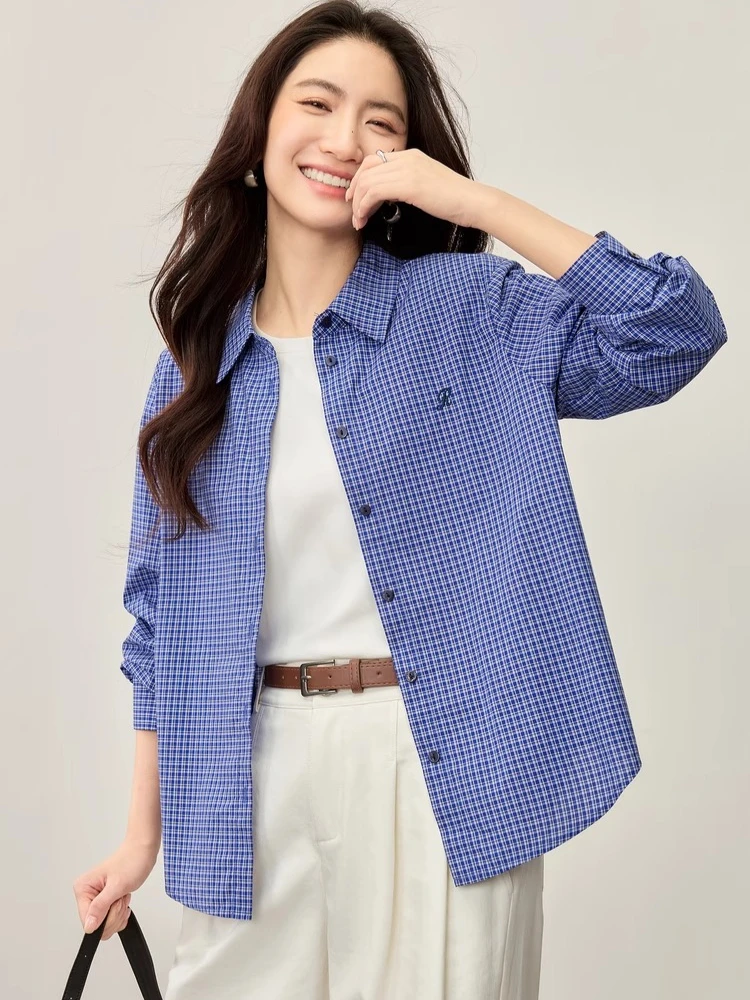 

SENTUBILA 100% Cotton Plaid Shirt Women Contrast Embroidery Lapel Long Sleeve Autumn 2025 Work Leisure Commuter Top 153CG2098