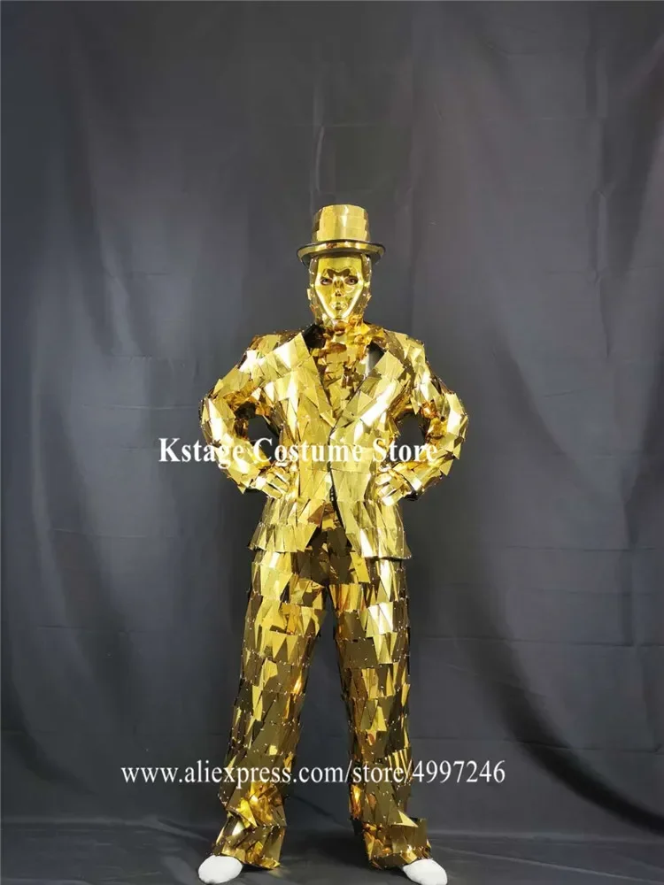 Męskie stroje roboty, złote, lustrzane, garnitury, na występy klubowe, na wybieg, stroje do tańca lustrzanego, kostiumy na dyskotekę, kurtka, lustrzany kapelusz DJ-a, strój.