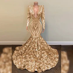 Vinca Sunny African Gold Mermaid Prom Dresses V Neck Long Sleeve Party Evening Sequin Gown Black Girls Night Wear Robe Soiree