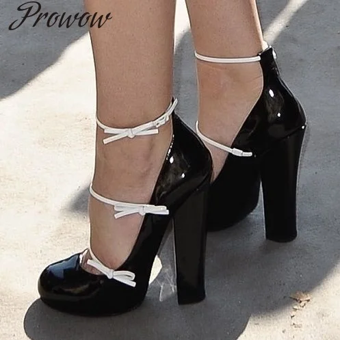

Prowow Patent leather Block Heel Pumps Round Toe Knot Strap Chunky Heel Runway White Black Grey Leather Dress Shoes