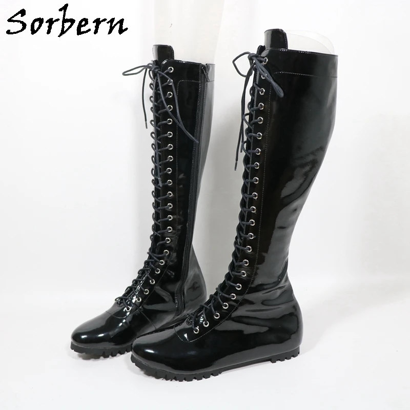 Sorbern Black Glossy Knee High Women Boots Rubber Sole Flat Round Toe Lace Up Unisex Style Boot Female Custom Leg Size