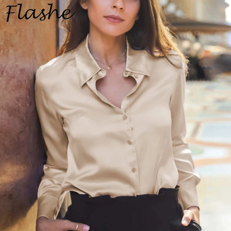 New Silk Blouse Female White Shirt Woman Long Sleeve Button Tops Female Office Satin Shirt Black Red Blue Autumn