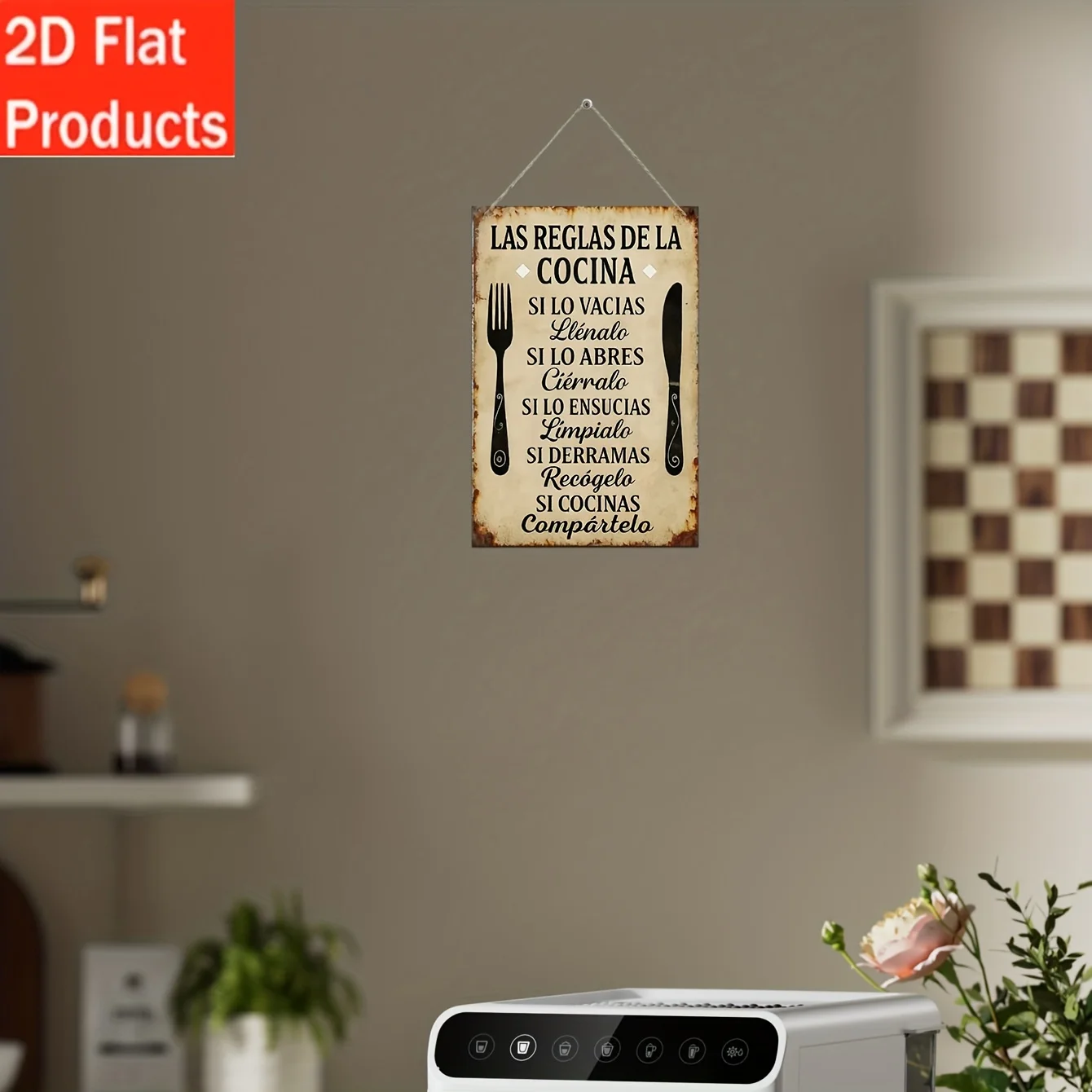 2D Flat, Decorative Sign And Plague, 1pc Wooden Vintage Spanish Kitchen Rules Wall Art Sign, with Humorous Cooking Instructions
