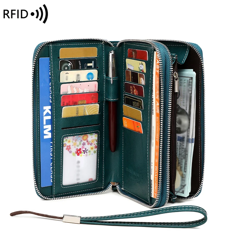 RFID Block Resistant Multifunctional Women's Purse, Retro Large Capacity Clutch Bag, Double Zipper, Long Purse with Wrist Strap