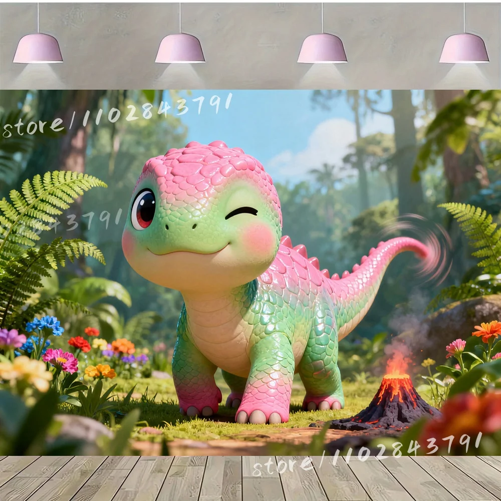 

Vinyl Photography Backdrop Pink Dinosaur Jungle Scene Background Essential for Kids Party Decorations and Photo Booth Supplies