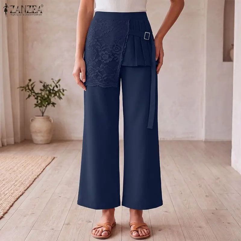 ZANZEA Fashion Women Pants OL Work Long Trousers Lace Patchwork Pleated Bottoms Wide Leg Pant Streetwear Oversize S-3XL