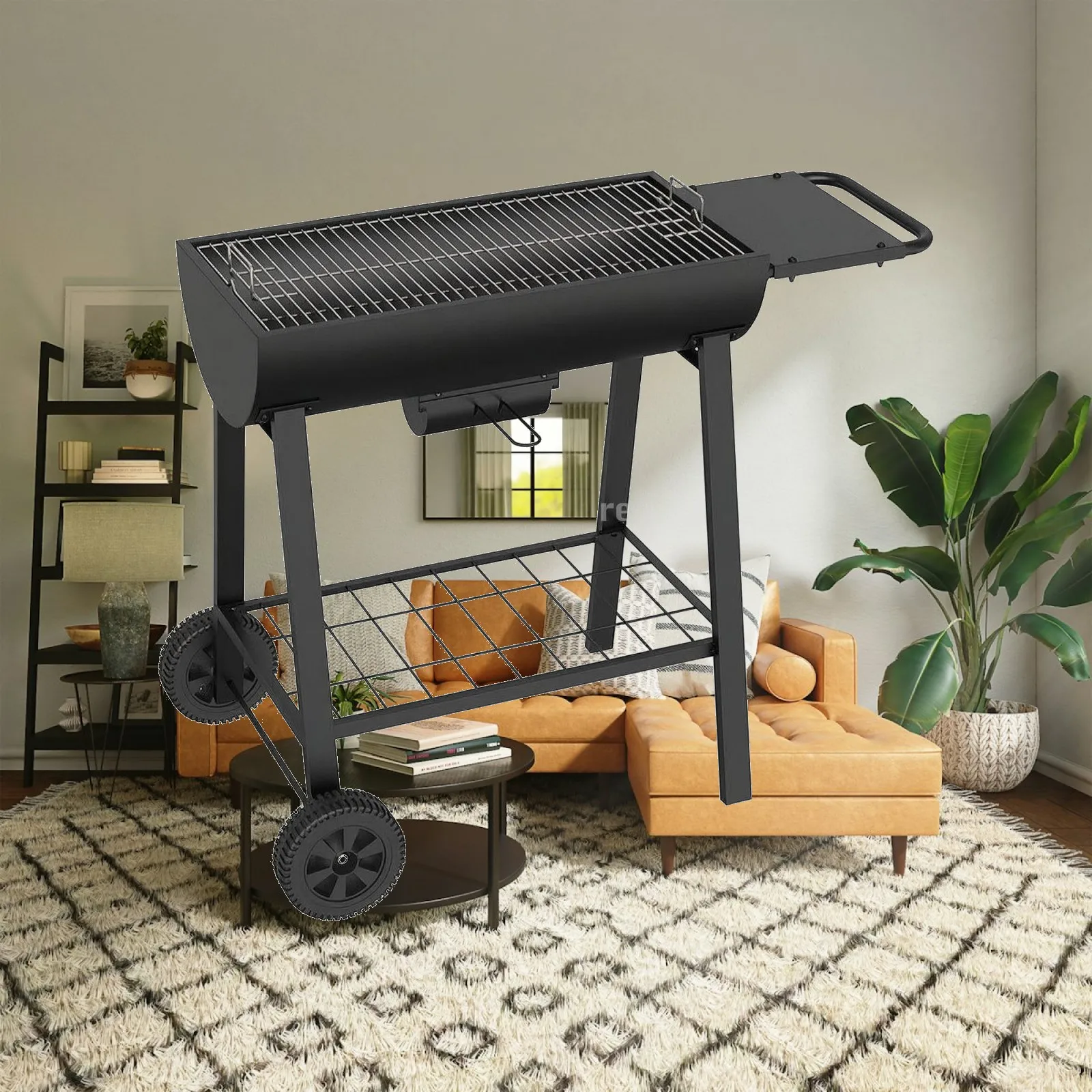 Mobile Barbecue Grill Outdoor Rectangular Briquette Cooker with Side Shelf and Wire Rack for Terrace