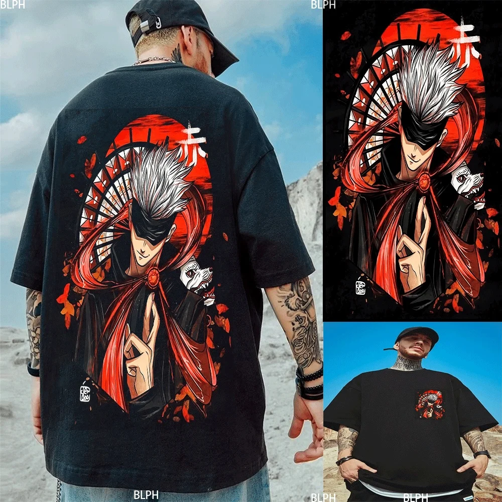 

Stylish Parent-Child T-shirts with Anime Character Design, Red and Gray Color Scheme, Unique Fan and Mask Elements, Perfect for