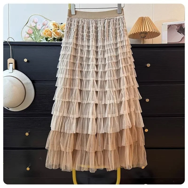 Women Gradient Tulle Half Skirt High Waist Slim A Line Big Swing Midi Skirt Elegant Flowy Mesh Skirt