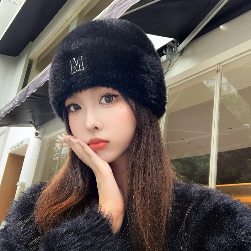 Autumn and winter new women\'s hat plush letters wool cap warm knitted cap padded caps solid color velvet cap