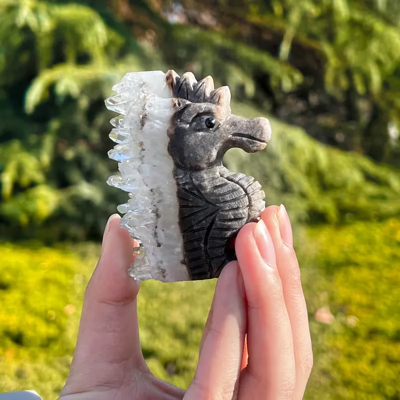 Natural Crystal Cluster Seahorse Carving Rough Stone Hand Carved Sea Animal Figurine Desktop Ornament Home Decor Gift