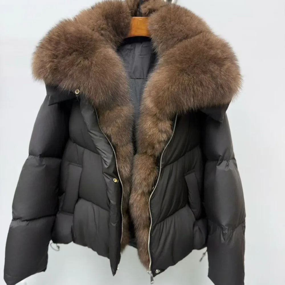 Invierno Real Natural piel de zorro cuello cálido suelto mujeres 90% pato blanco abajo chaqueta de gama alta grueso abajo abrigo corto acolchado