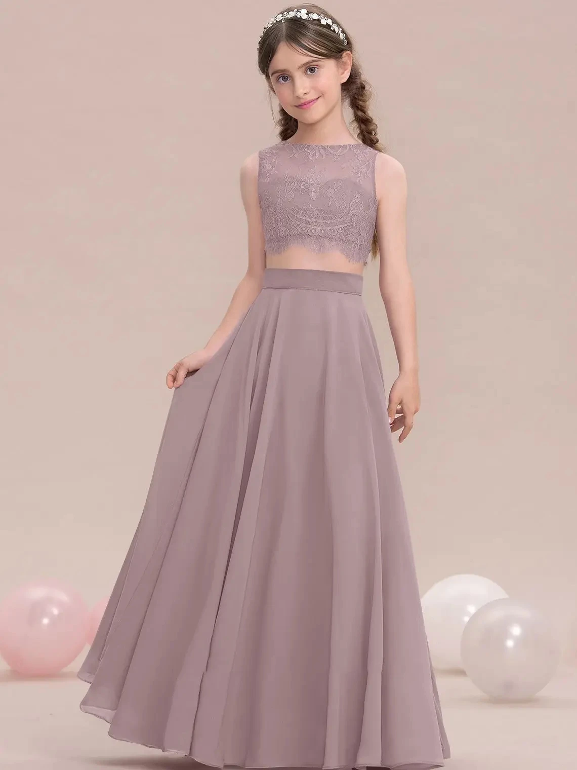 A Line Scoop Floor Length Chiffon Lace Junior Bridesmaid Dress Evening Dress New Elegant Banquet Gowns