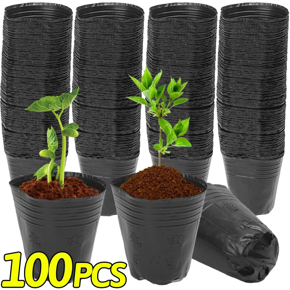 50/100 Uds. Macetas de plástico negro para plántulas, bolsas para cultivo de semillas, contenedor transpirable para plantas y flores, macetas para plantar verduras y jardín