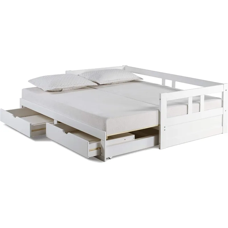 Extendable Pine Trundle Bed Daybed w/ Underbed Storage, White, Twin to King Daybed, Childrens/Youth/Kids/Baby Bedroom