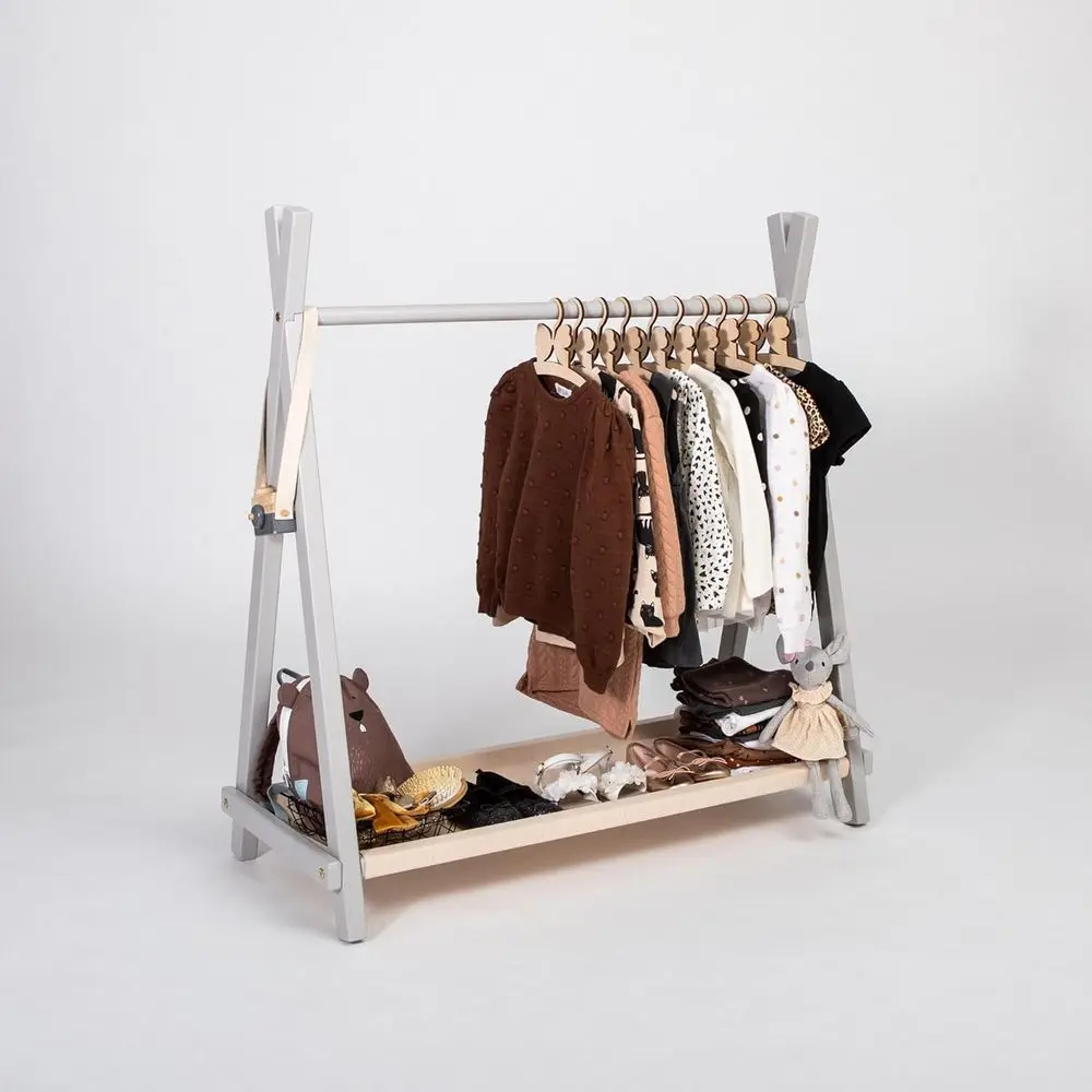 Stile Abbigliamento con portaoggetti, Abbigliamento in legno massello, Armadio per bambini, Abbigliamento in legno Appendiabiti in legno (Grigio)