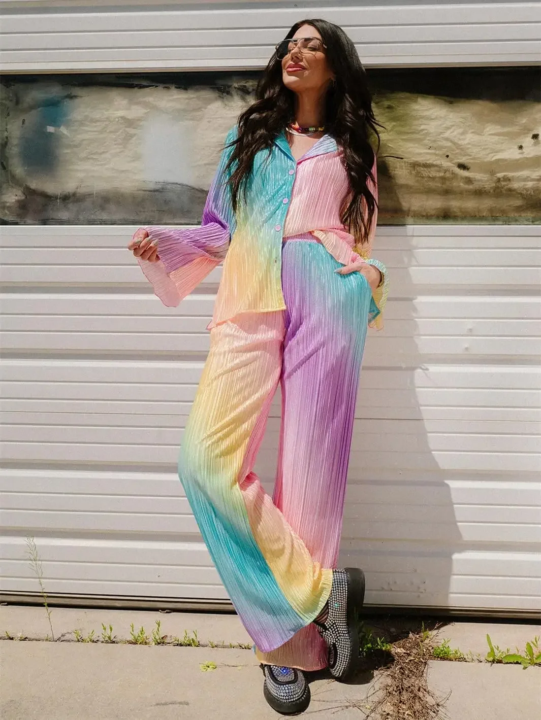 Women 2 Piece Pajamas Set Rainbow Gradient Button Long Sleeve Shirt and Pants Soft Sleepwear for Nightwear Loungewear Outfit New
