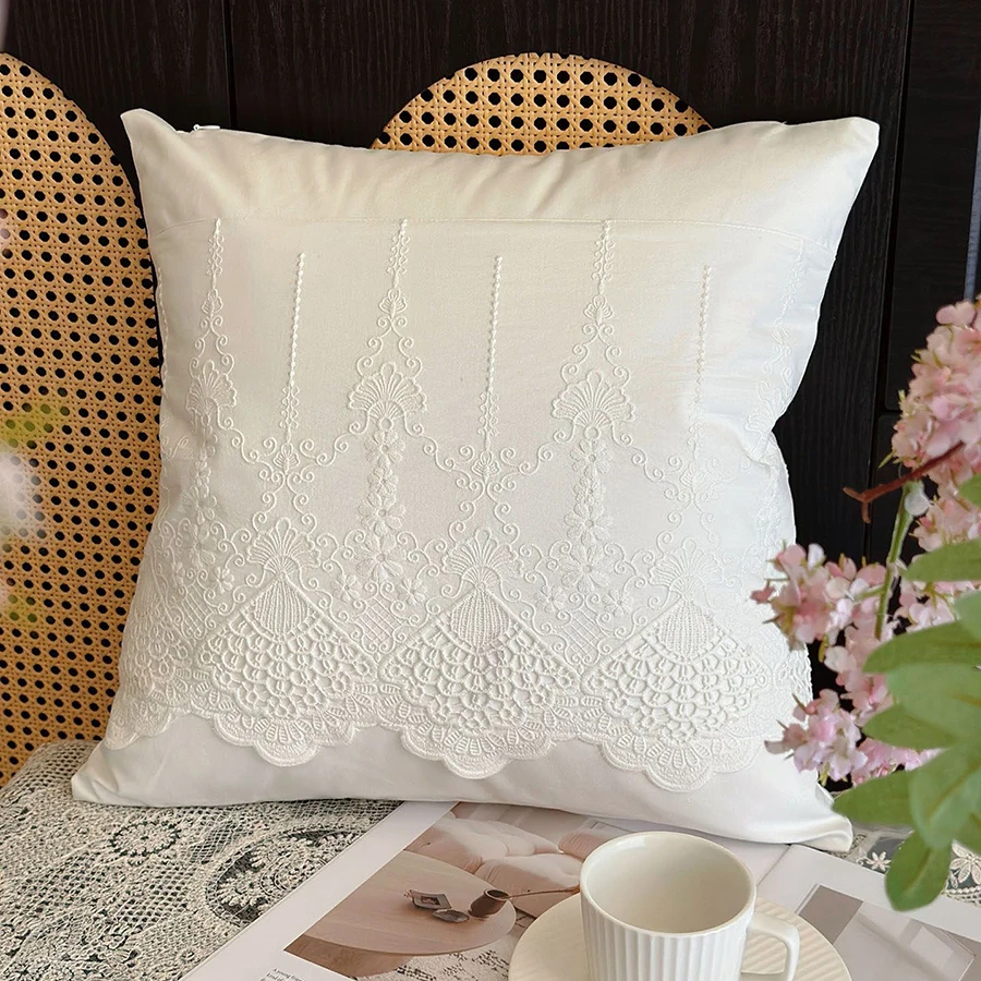 French Embroidered Cotton Throw Pillow White Lace Square Cushion Sofa Bedroom Decorative Pillow for Home Living Room