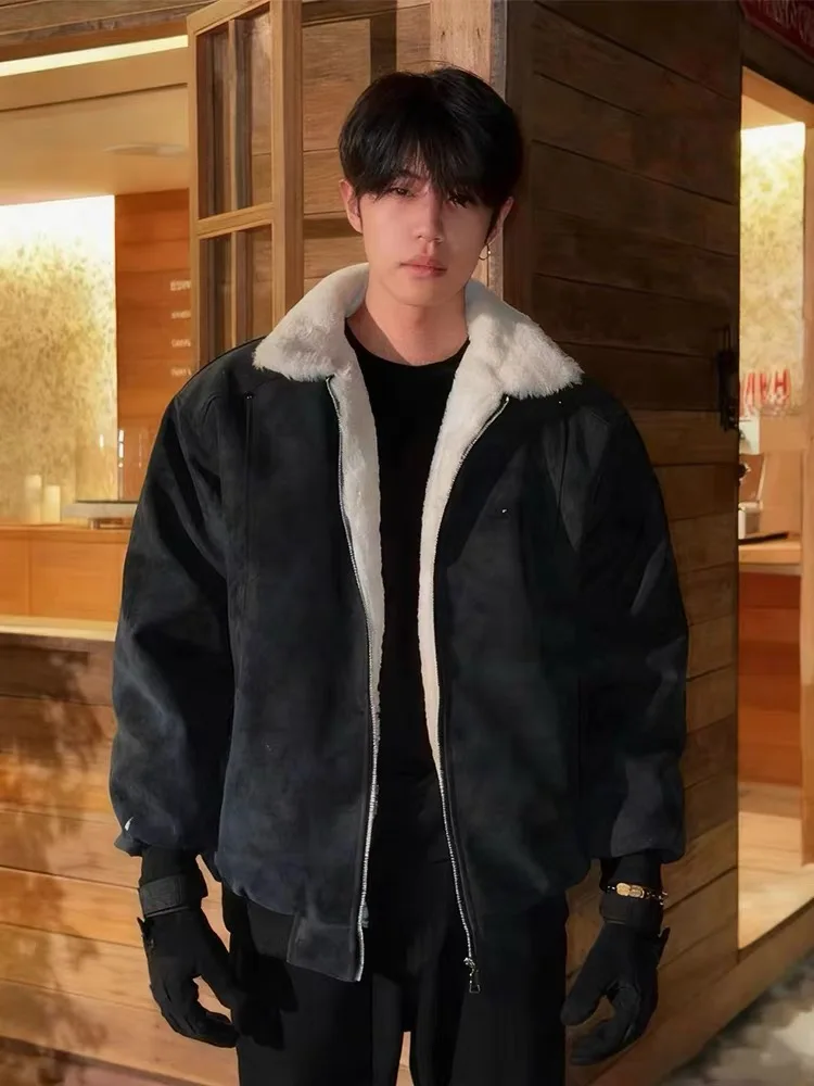 

Retro American Faux Fur Collar Jaet Men's Winter Mat Fini Lychee PU Leather Jaet Cotton Filled Warm Long Sve Coat