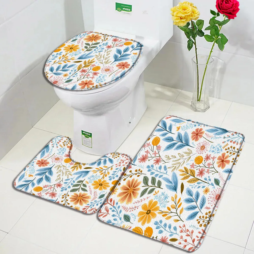 Pink Rose Floral Bath Mat Set Green Leaves Flowers Rustic Home Carpet Non-Slip Bathroom Decorative Floor Rugs Toilet Lid Cover