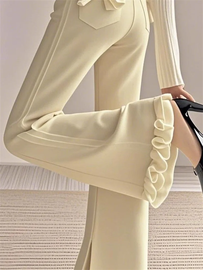 

Женские офисные брюки-костюм с завышенной талией, бантом сзади, длинные, французский стиль, весна-осень, с рюшами, расклешенные, модель 113A